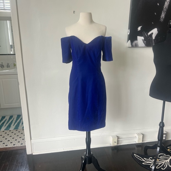 Vintage Off the Shoulder Blue Velvet Mini Dress 1990’s Velvet Dress - Picture 2 of 7